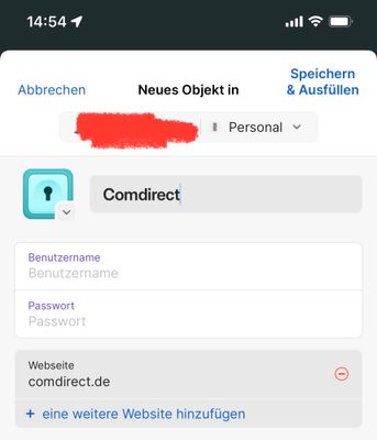 comdirect App - 1Password neuer Eintrag