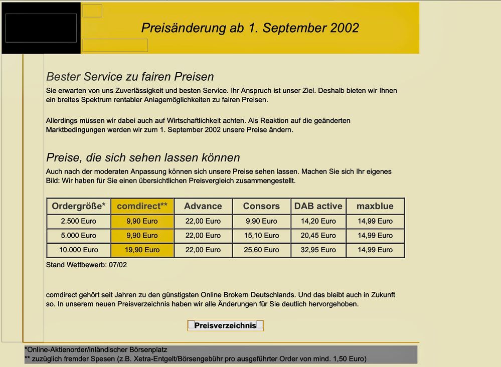 Preisänderungen mit Vergleich zu den Konditionen der Mitbewerber!!!