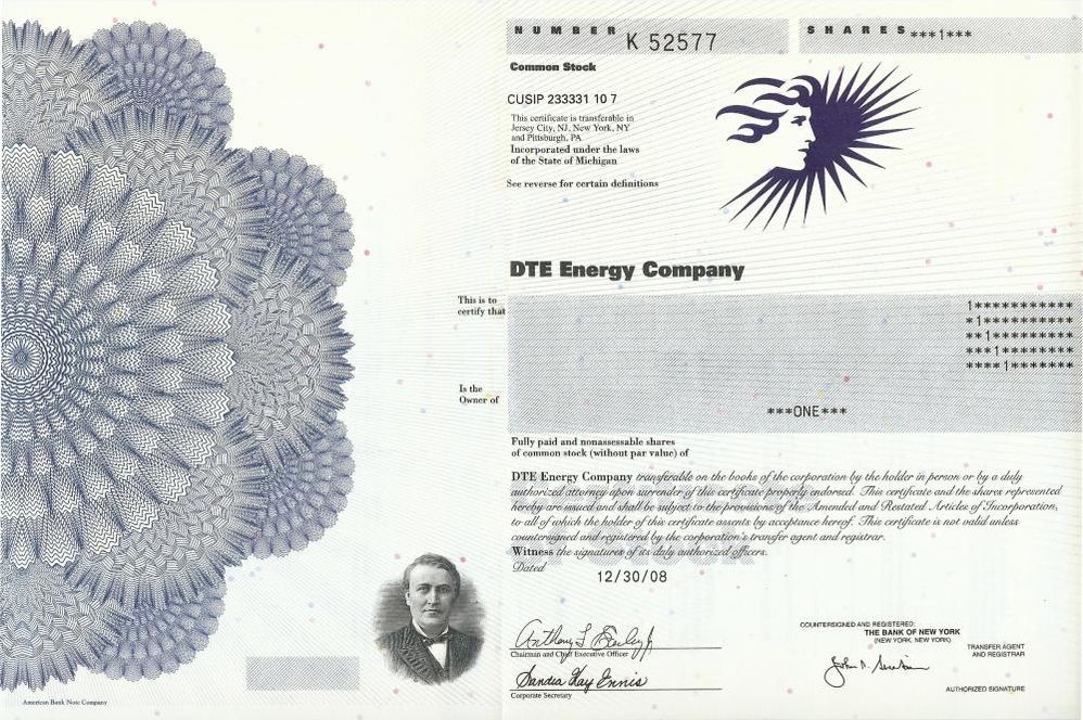 DTE Energy Company - Aktie mit dem Kopf von Thomas Alva Edison