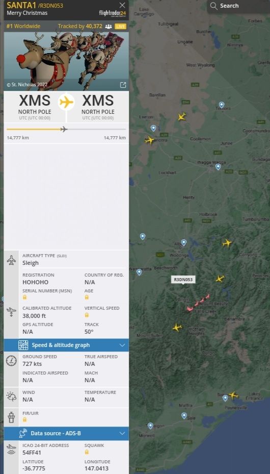 Quelle: Flightradar24.com, abgerufen am 24.12.2022, Transpondersignal des Fluges SANTA1