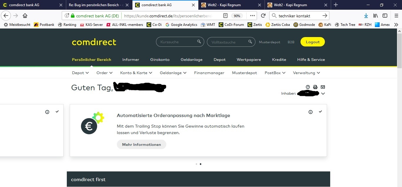 Bug im persönlichen Bereich - comdirect