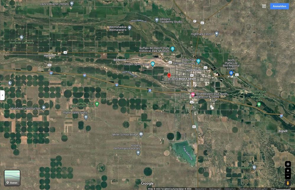 Center-Pivot-Irrigation bei North Platte, NE (aus Google Maps)