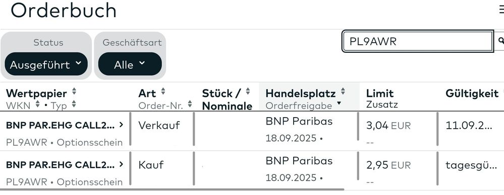 Quelle: comdirect Ordersystem, Kundenkonto (eingeloggter Zustand), abgerufen am 19.09.2025