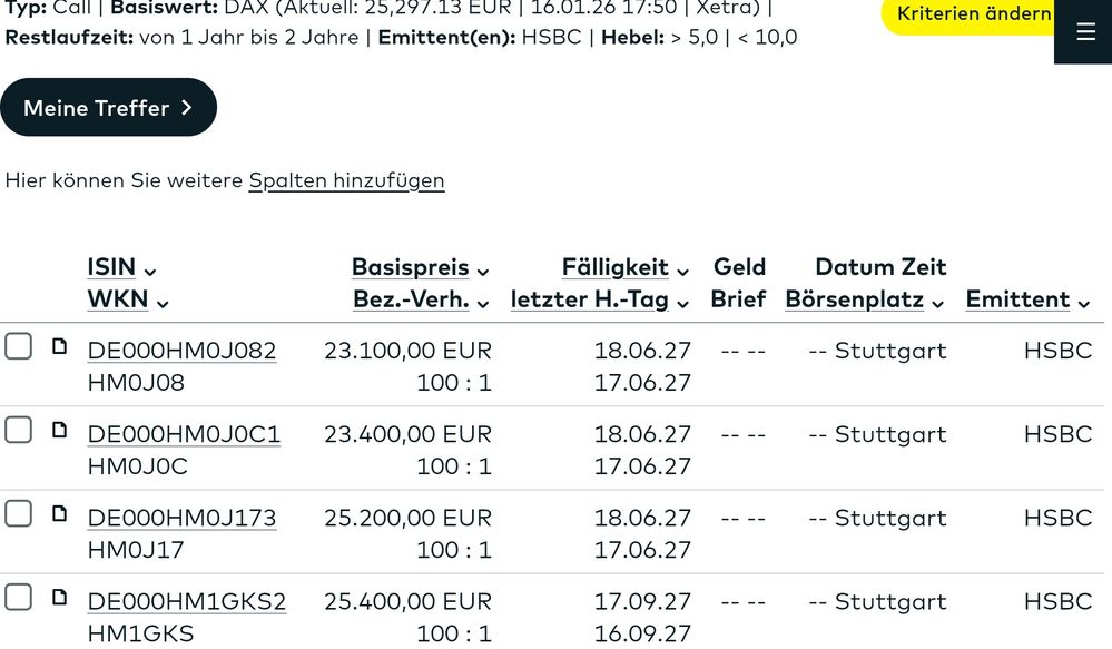 Quelle: comdirect Webseite/Optionsscheinfinder, eingeloggter Zustand/Kundenansicht, abgerufen am 19.01.2026