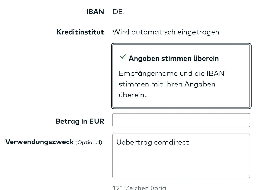 Maske mit der Transaktionsmöglichkeit Umbuchung innerhalb der Kundenverbindung