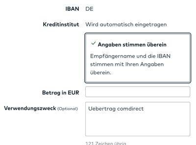 Maske mit der Transaktionsmöglichkeit Umbuchung innerhalb der Kundenverbindung