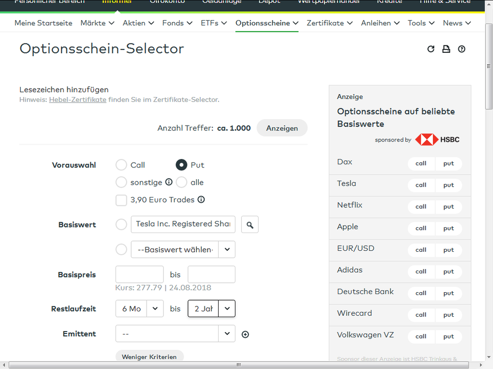 Auswahlmaske im Optionsschein-Selector bei comdirect