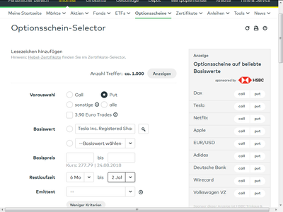 Auswahlmaske im Optionsschein-Selector bei comdirect