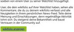 Quelle: Standardsystemnachricht von wikifolio bei neuem User auf dem Watchlisting