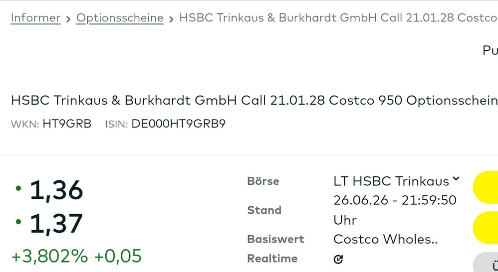 Quelle: comdirect Informer, öffentliche  Ansicht/eingeloggt, abgerufen am 28.06.2026