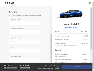 Quelle: Webseite von Tesla, gerade begonnener Bestellvorgang