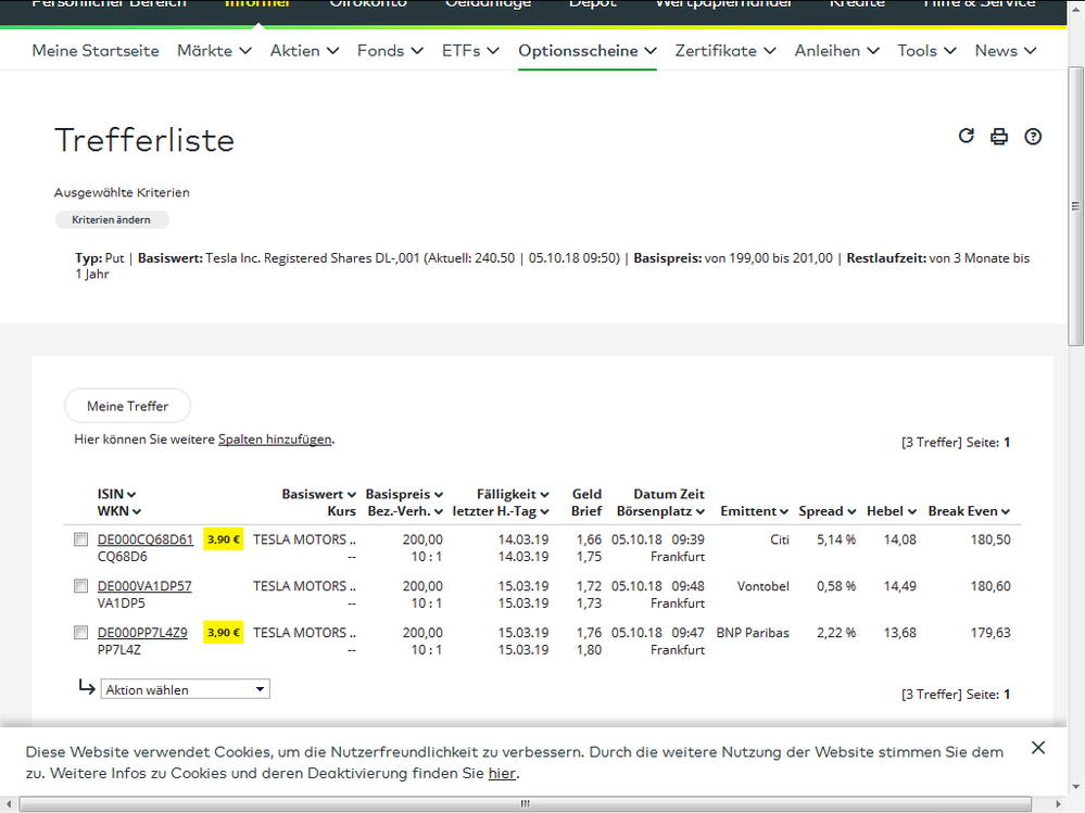 Quelle: Selbst erstellte Trefferliste aus dem comdirect-Informer