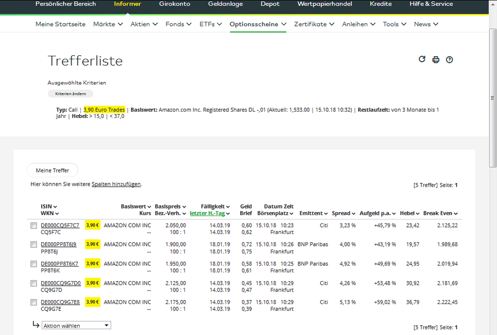 Trefferliste aus dem comdirect-Informer