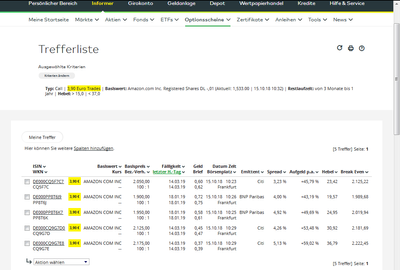 Trefferliste aus dem comdirect-Informer