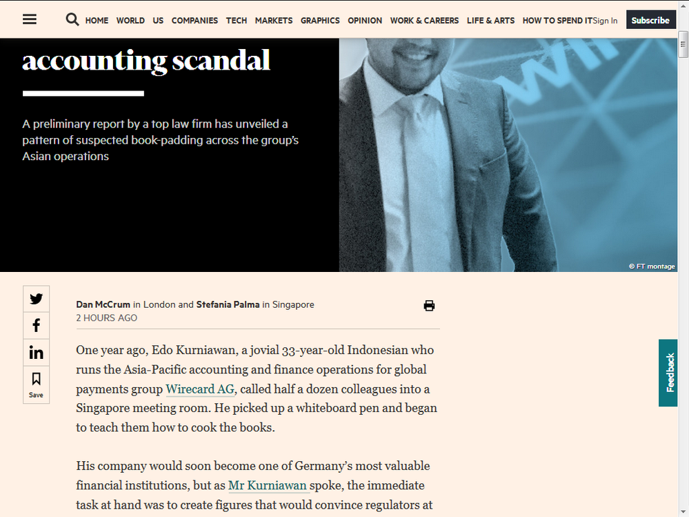 Quelle: Screenprint von FT.com des Artikels über Wirecard vom 07. Feb. 2019