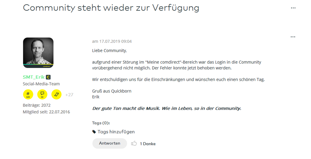 Quelle: comdirect Community, Screenprint