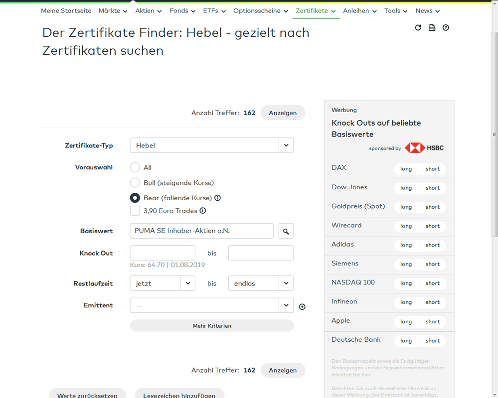 Quelle: comdirect Zertifikate Suche, abgerufen am 01.08.2019
