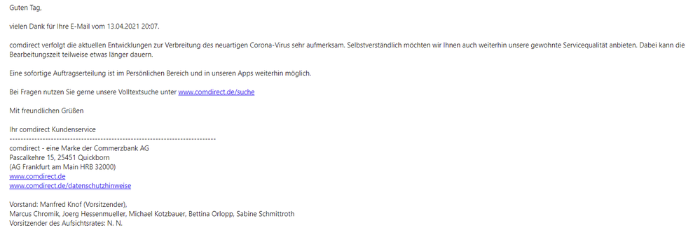 Beispiel Eingangsbestätigung (ohne Vorgangsnummer)